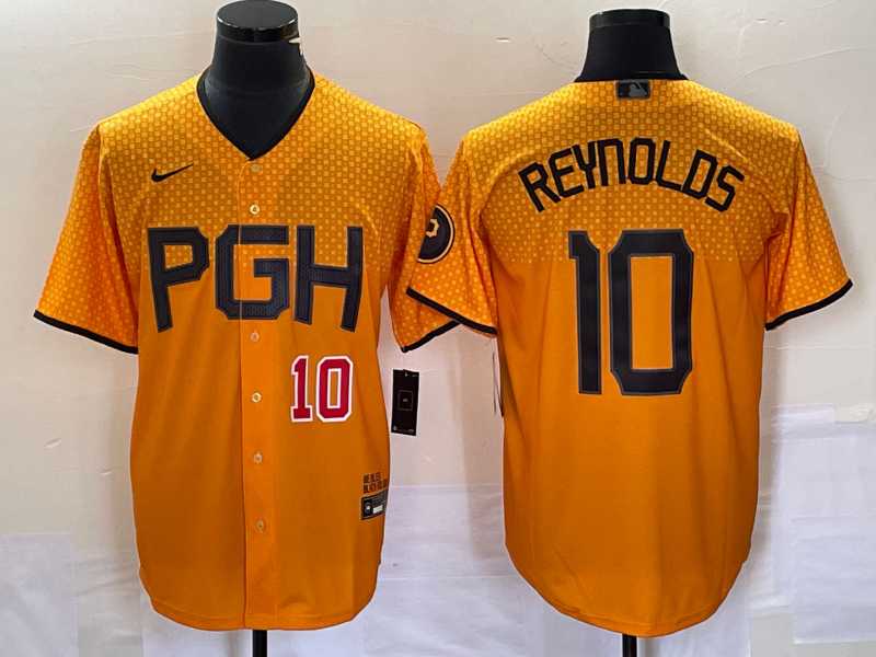 Men's Pittsburgh Pirates #10 Bryan Reynolds Number Gold 2023 City Connect Stitched Jersey,We sell and wholesale Men's Pittsburgh Pirates #10 Bryan Reynolds Number Gold 2023 City Connect Stitched Jersey on line form chian!